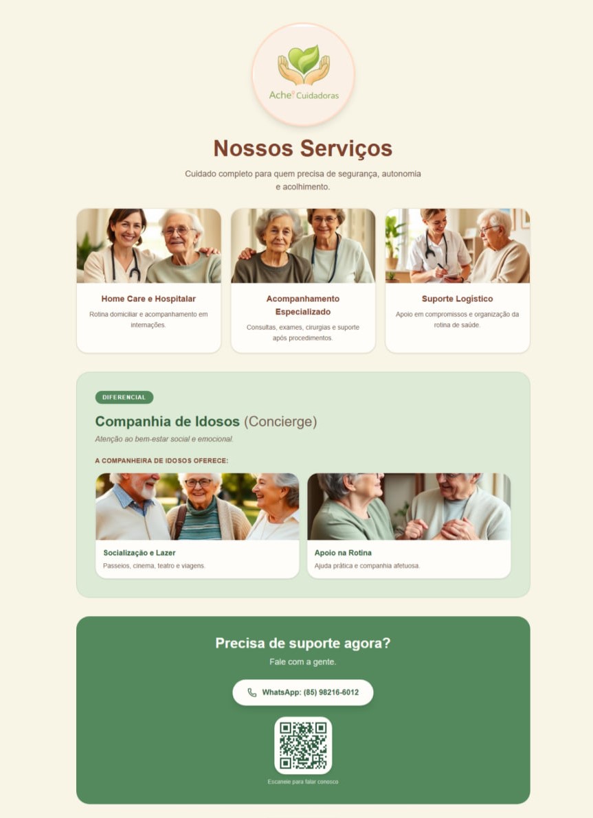 Panfleto Achei Cuidadoras — Design humanizado em Verde Sálvia e Branco